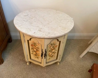 $90 	#44 Round marble top cabinet 24Wx22T painted	