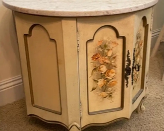 $90 	#44 Round marble top cabinet 24Wx22T painted	