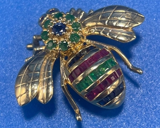 #126 - $280 - 14kt gold bee with multicolor stones 6gr marked