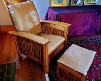 Fine large arts and crafts Morris chair and matching foot stool