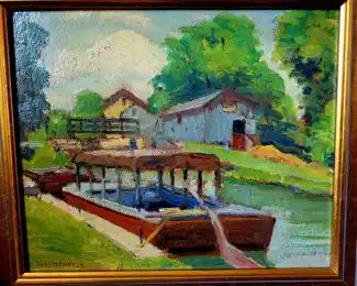 "Riverboat Dock" ..original oil painting by Jacob Weitzenfeld (1889-1990) listed artist