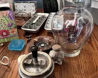 antique music box, glass vase, antique ash tray, antique ice cube trays, mouse watering can,
