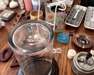 glass and wood display case, metal book holder,