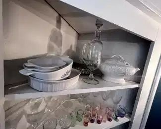 Cornflower Corningware, crystal decanter, ceramic soup container,