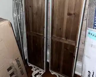 wood shelving, curtain rods,