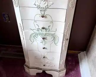 hand painted jewelry cabinet with drawers and hinge top,