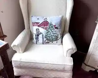 white wingback chair, Bernese Mountain Dog pillow,