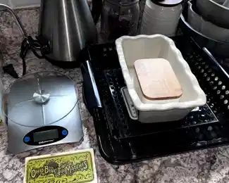 food scale, electric kettle, coffee grinder,
