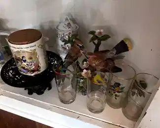 Disney Snow White Cannister, gold rimmed bird drinking glasses, bird figurine,