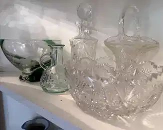 crystal bowl, Lenox crystal centerpiece bowl etched elephants green waving stripe,