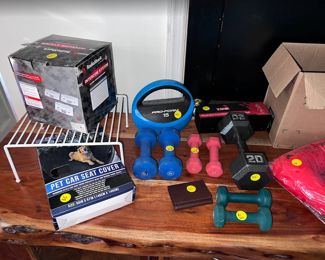 pet car seat cover, RadioShack intercom system, hand weights,