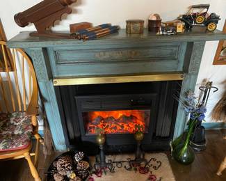 "Faux" Fireplace Mantel, With Electric Fireplace/Heater. Vintage Andirons