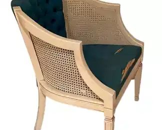 $50 USD Vintage Cane Back Barrel Mid Century Chair CD131-43 Description: Beautiful vintage cane barrel back chair with brilliant blue tufted upholstery. This piece when reupholstered will be an exquisite piece to add style to any room.
Condition: Caning is beautiful. Needs new upholstery.
Dimensions: 25 x 24 x 30"H
Local pick up Leesburg, VA. Contact us for shipper suggestions. https://goodbyhello.com/products/chair-cd131-43?_pos=23&_sid=f12698c32&_ss=r