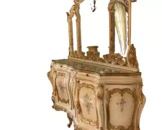 $1750 USD Hand Painted Baroque Silik Style Buffet & Mirror CD131-8 Description: Buffet in the Baroque style, reminiscient of Silik style. Structure made of solid wood and decorated with carving and decorative painting. Finish - polychromatic crackle. Wooden worktop with a glass top.
Condition: Very good condition.
Dimensions: 88 x 22 x 43"H
Local pickup Leesburg, VA. Contact us for shipper suggestions. https://goodbyhello.com/products/hand-painted-buffet-mirror-cd131-8?_pos=24&_sid=f12698c32&_ss=r