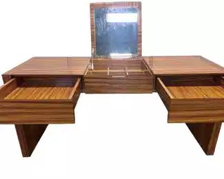 $650 USD Vesta Home Zebrawood Style Vanity Dressing Table w Mirror HR177-6 Flip top, beautiful wood grained stylish vanity. With its mid-century design, this vanity set with mirror is perfect for adding eye-catching style and versatility to your space. The large tabletop is ideal for storing perfume bottles and trinkets, while two drawers provide space to keep small items organized. The flip-top mirror opens to reveal additional storage space.
Dimensions: 21.75 x 64 x 29"H
Condition: Very good
Local pick up Lorton, VA. Contact us for shipping suggestions. https://goodbyhello.com/products/vanity-hr177-6?_pos=10&_sid=9c585b797&_ss=r