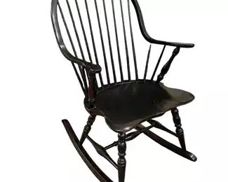 $250 USD Black Windsor Rocking Chair TM193-11 This popular and comfortable styled chair featured an scalloped seat, with arms made up of a single, steam-bent piece of wood, and legs with a simple taper in the foot. The rocking chair features cheese grater style rockers.
Dimensions: 22 x 32 x 41"H
Condition: Very good condition
Local pick up Sterling, VA. Contact us for shipper suggestions. https://goodbyhello.com/products/black-rocking-chair-tm193-11?_pos=1&_sid=6bfff0fb0&_ss=r