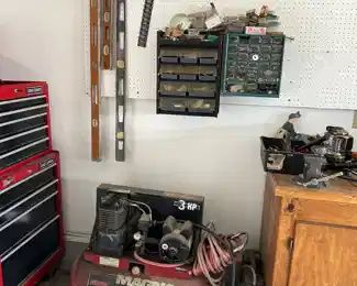 Air compressor, levels, tools