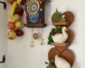 Wooden heart shaped 3 tier wall mount, UNITED STATES Navy Mohagony finished wood toned cuckoo clock, Fruit on a Rope Wall Hanging.