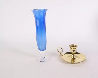 Lot 6218 Blue Crystal Glass Vase  Brass Baldwin Candle Holder