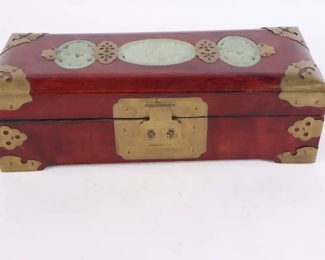 Lot 6152 Vintage Chinese Jade Brass Hardware Wooden Jewelry Box