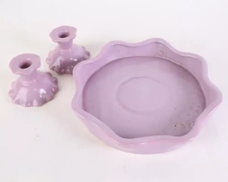 Lot 5755 Camark Pottery Set  Candle Holders  Round Dish Purple