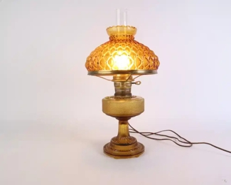 Lot 4146 Vintage Amber Glass Converted Oil Lamp  Table