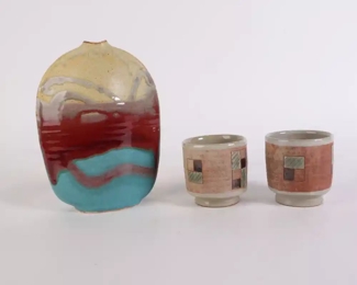 Lot 4125 Jeff Dean Seagrove NC Pottery Vase  2 Pottery Cups