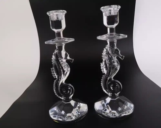 Lot 4007 Pair Waterford Seahorse Candlesticks  Crystal Candle Holders