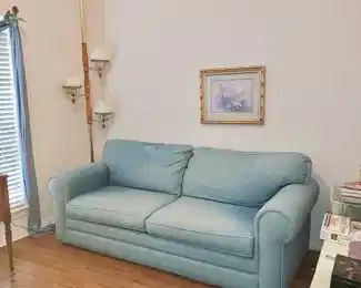 Bassett Denim Sofa, Vintage Tension Pole Lamp