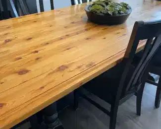 Old English Interiors Wood Farmhouse Kitchen Table Size 42" x 84.5" (Table was Refinished by Sue Wheeler 2022) with 6 Black Painted Distressed Chairs 