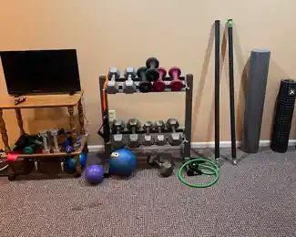 2 Shelf Dumbbell Rack with Different Size Dumbbells and Various Exercise Equipment 