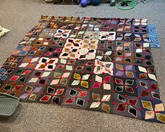 Pinwheel Quilt - Early 19th Century - Velvet, Wool, Cotton Tufts - Hung On Wood Dowel 