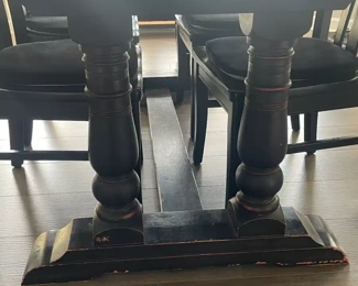 Old English Interiors Wood Farmhouse Kitchen Table Size 42" x 84.5" (Table was Refinished by Sue Wheeler 2022) with 6 Black Painted Distressed Chairs 