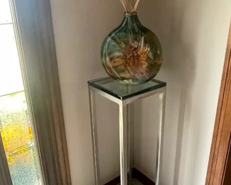 Modern Metal Plant Stand with Glass Top and Decorative Glass Vase