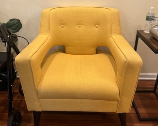 Mid Century Modern Tufted Cutout Accent Arm Chair with Open Arms and Wood Legs - Yellow/Marigold 