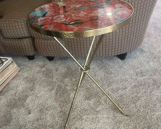Bird Jungle Pattern Glass Top  with 3 Legs Accent Table 