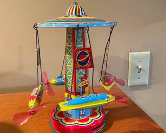 Schylling Tin Plate Clockwork Rocket Ride Carousel Fully Working 8" Toy