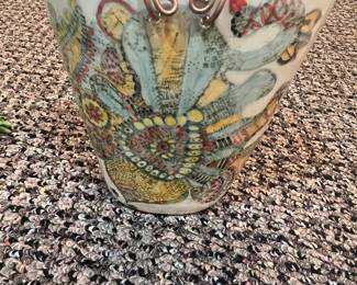 Birds At Noon - Artist Ruchi's Ceramics Signed 7" Ceramic Vase / Bucket with Copper Handles  
The artwork - is a pen and ink drawing by Ruchi, which has been used as a Screenprint and then hand-painted