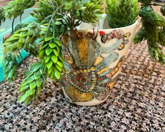 Birds At Noon - Artist Ruchi's Ceramics Signed 7" Ceramic Vase / Bucket with Copper Handles  
The artwork - is a pen and ink drawing by Ruchi, which has been used as a Screenprint and then hand-painted