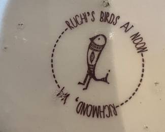 Birds At Noon - Artist Ruchi's Ceramics Signed 7" Ceramic Vase / Bucket with Copper Handles  
The artwork - is a pen and ink drawing by Ruchi, which has been used as a Screenprint and then hand-painted