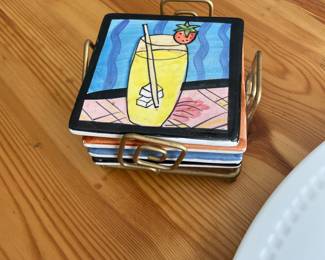 Vintage Milson & Louis Cocktail Hand painted Coaster Tiles - Set of 4 With Holder