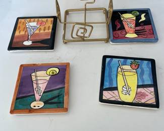 Vintage Milson & Louis Cocktail Hand painted Coaster Tiles - Set of 4 With Holder