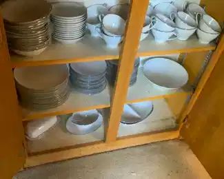 Noritake White Brook China                                                         18 coffee cups
16 cup plates
13 cake plates
14 dessert plates
13 soup bowls
12 finger bowls
1 lg serving bowl
1 butter dish 
1gravy boat and plate
1oblong divided bowl
1oblong serving bowl
2 serving platters oblong
13 dinner plates