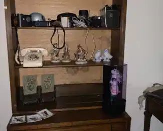 Wood Bookcase. $100 - 2 pieces, Old camera equipment, Japanese paintings, old fashioned dial telephone 