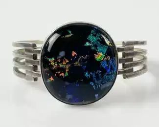 46 Grams Fine Barbie Koncher Sterling Silver Dichroic Art Glass Cuff Bracelet
