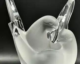 8.5" H Fine Lalique France Sylvie Frosted Crystal Love Birds Vase
