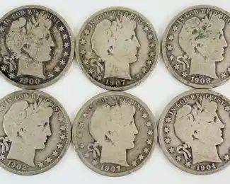 6 1900-1908 U.S. Barber 90% Silver Half Dollar Coins: 1 Struck In Denver
