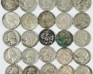 25 1936-1963 U.S. Washington Quarters 90% Silver Coins: 10 Struck In Denver
