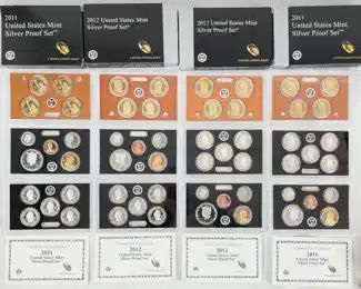 4 2011-S & 2012-S United States Mint Silver Proof Sets W/ Certificate Of Authenticity
