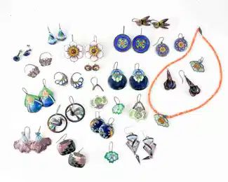 Silver Painted Enamel Pierced Earring Lot 120 Grams
